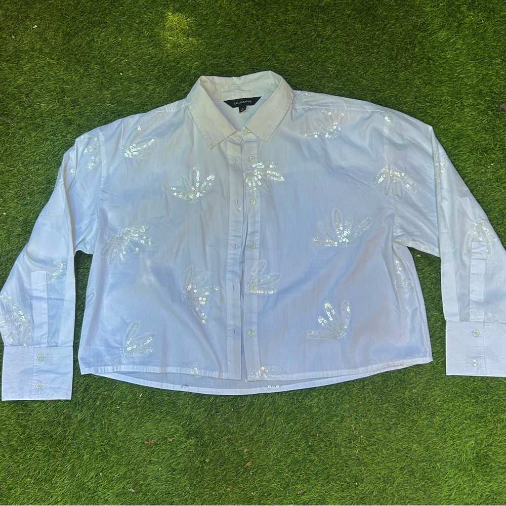 White Sheer Button-Up Shirt with Embroidered Details